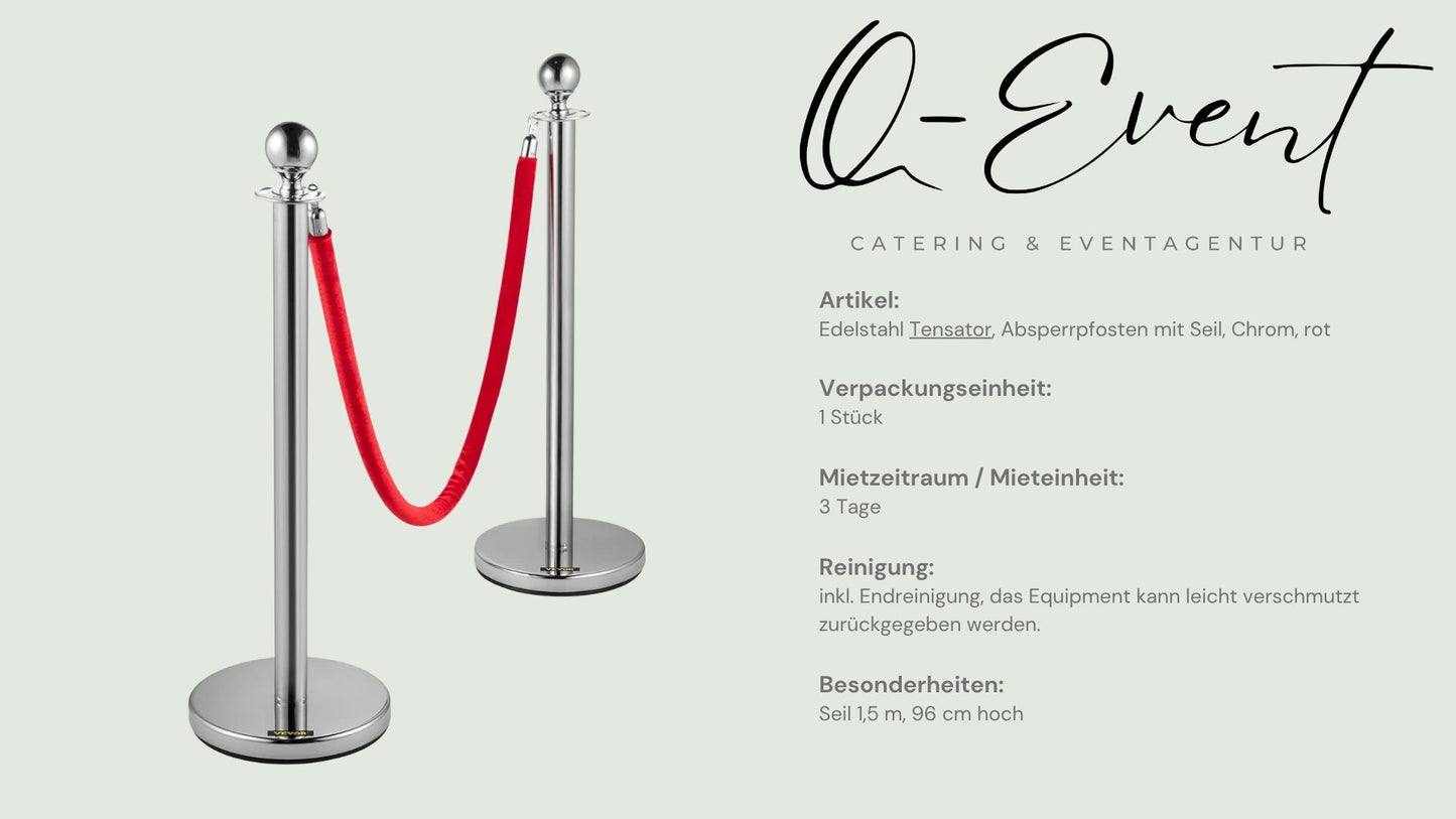 Edelstahl Tensator, Absperrpfosten mit Seil, Chrom, rot