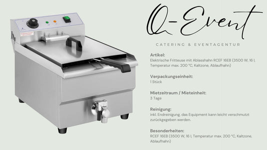Elektrische Fritteuse mit Ablasshahn RCEF 16EB (3500 W, 16 l, Temperatur max. 200 °C, Kaltzone, Ablaufhahn)
