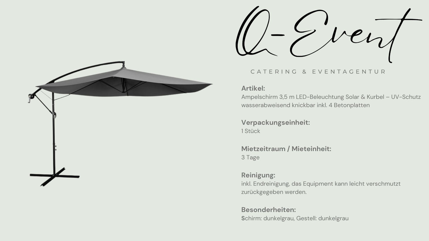 Ampelschirm 3,5 m LED-Beleuchtung Solar & Kurbel – UV-Schutz wasserabweisend knickbar inkl. 4 Betonplatten