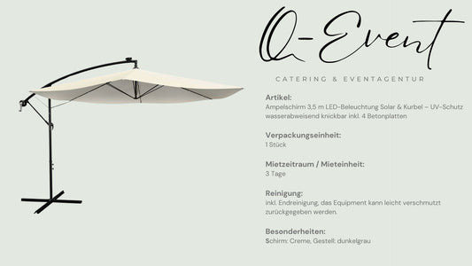 Ampelschirm 3,5 m LED-Beleuchtung Solar & Kurbel – UV-Schutz wasserabweisend knickbar inkl. 4 Betonplatten