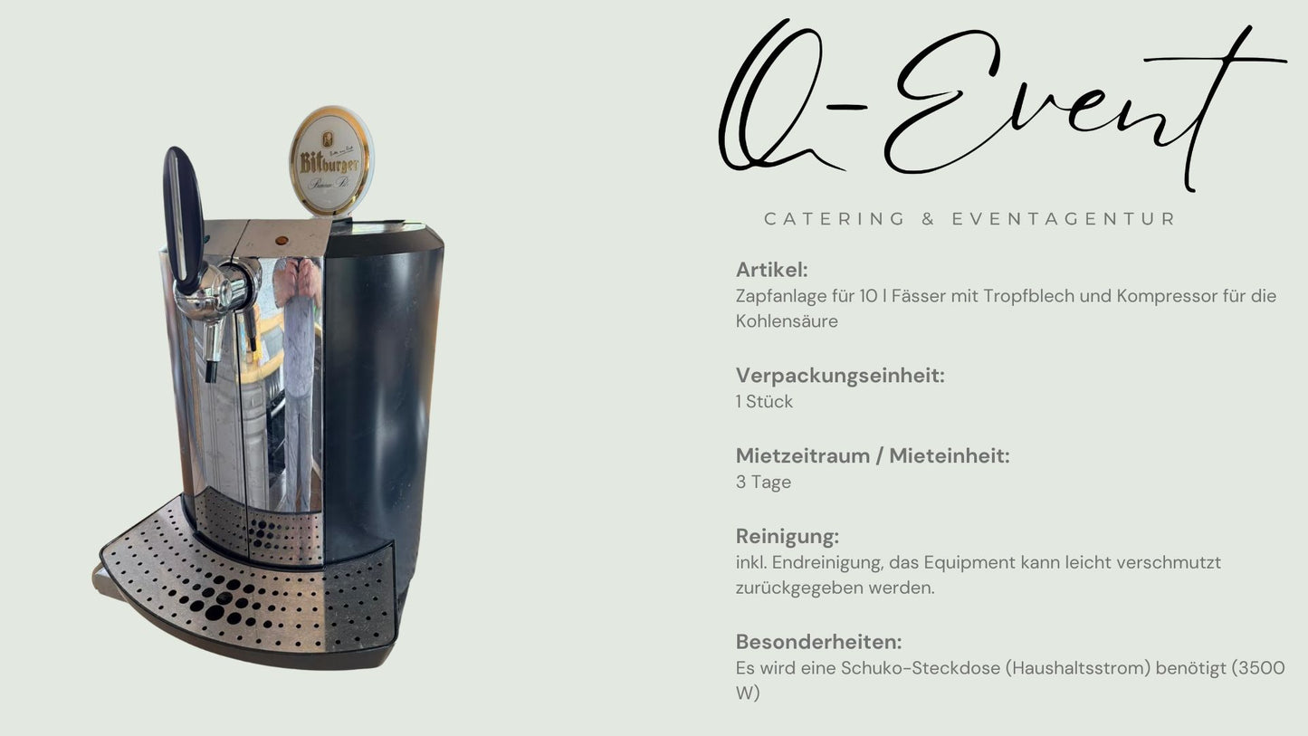 Zapfanlage für 10 l Fässer mit Tropfblech und Kompressor für die Kohlensäure