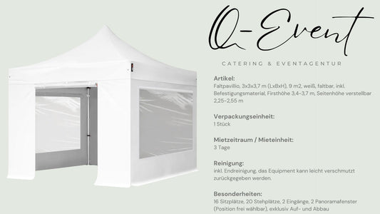Faltpavillio, 3x3x3,7 m (LxBxH), 9 m2, weiß, faltbar, inkl. Befestigungsmaterial, Firsthöhe 3,4-3,7 m, Seitenhöhe verstellbar 2,25-2,55 m